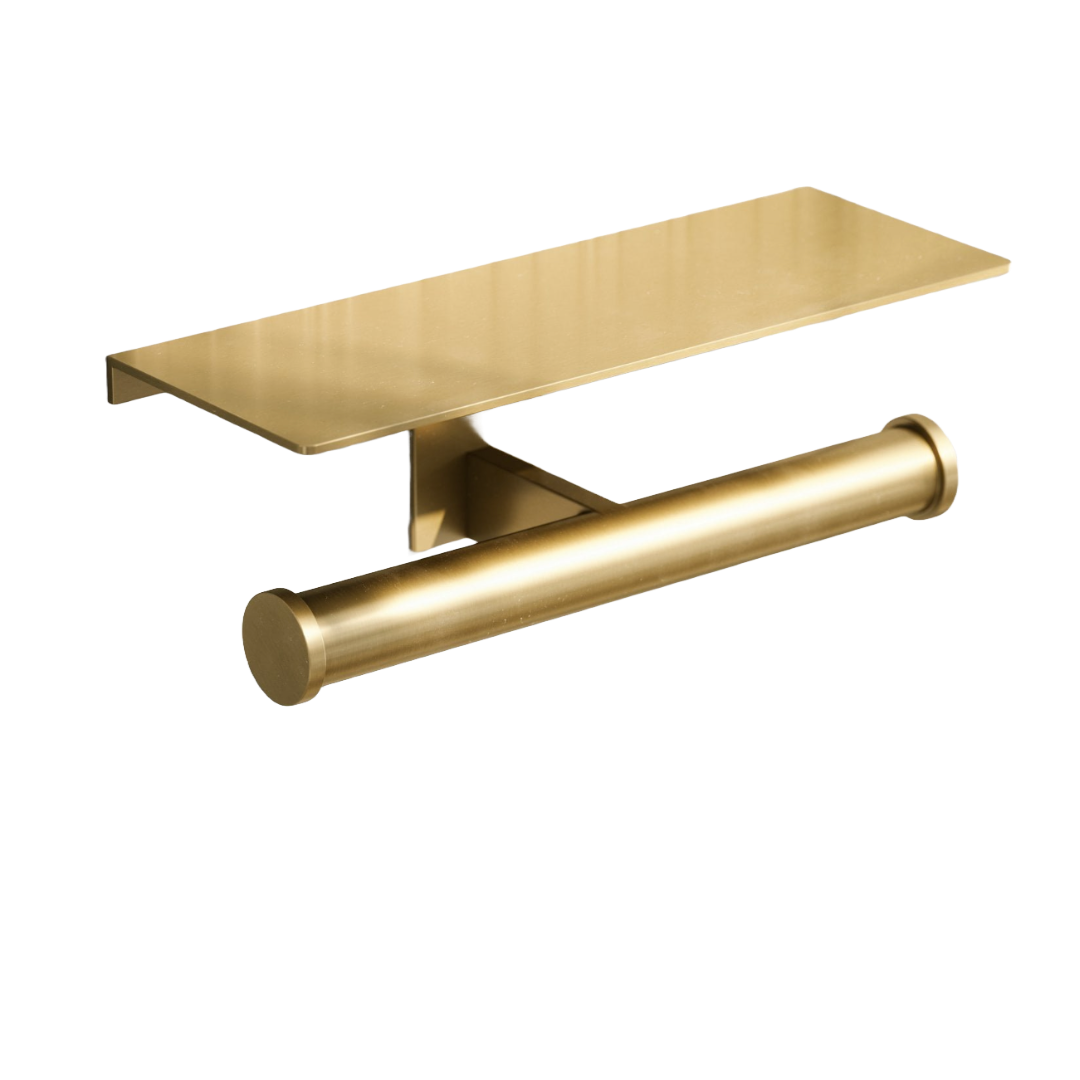  Deka Brushed Gold Double Toilet Roll Holder with Shelf